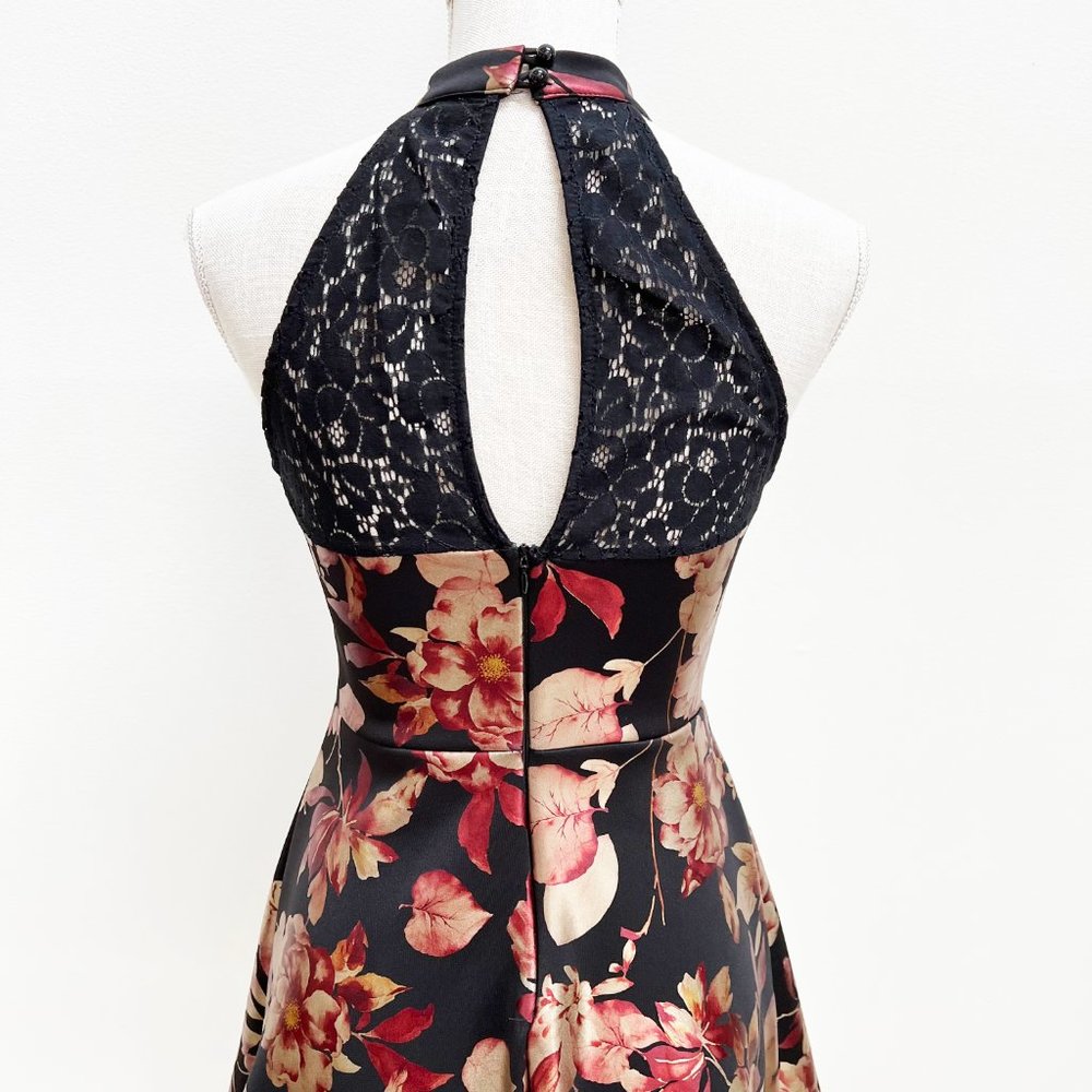 NWT Francesca's Lace and Satin Floral Fit and Flare Tea Length Halter Dress - Picture 4 of 16
